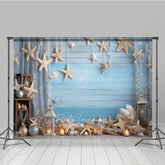Lofaris Coastal Summer Photography Backdrop Beach Scene with Starfish and Lanterns Blue Wood Wall Photo Prop Decor